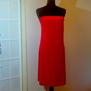 Knee length strapless red dress